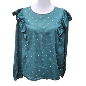 a.n.a Plus Green Print Blouse Ruffles 100% Cotton Long Sleeves
